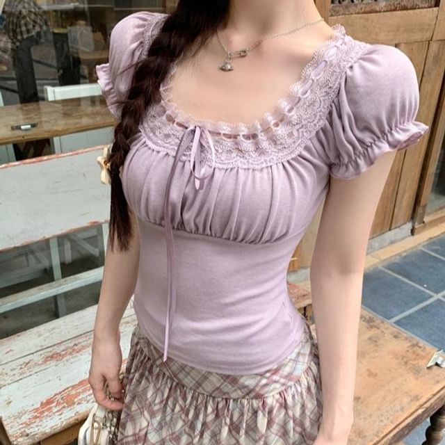 Short-Sleeve Tee Square Neck Fit Lace Trim Plain Slim Bow