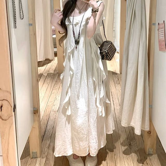 Dress Plain Sleeveless Trim Midi A-Line Asymmetrical Ruffle