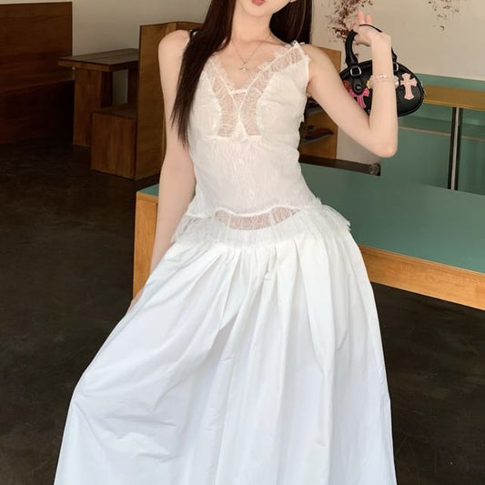 Maxi Tank Rise High / Fit Panel A-Line Slim Plain Skirt Lace Top