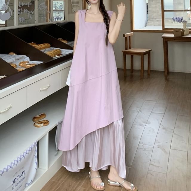 Neck Paneled Square A-Line Midi Dress Sleeveless Asymmetrical