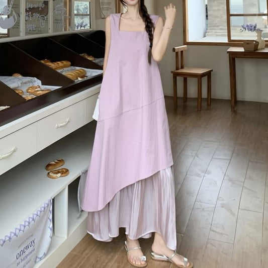 Neck Paneled Square A-Line Midi Dress Sleeveless Asymmetrical