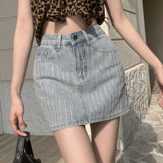 Striped Mini High Skirt Pencil Rhinestone Rise Denim