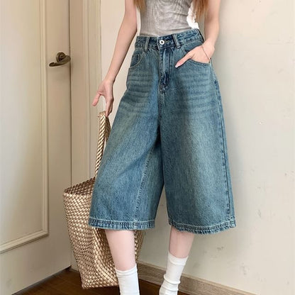 Jeans High Wide Rise Leg Washed Capri