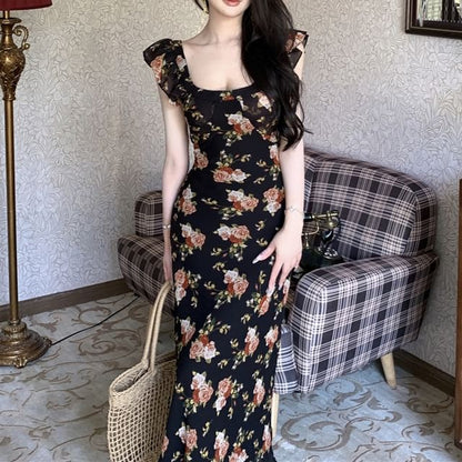 Sheath Dress Neck Trim Maxi Ruffle Scoop Cap-Sleeve Floral