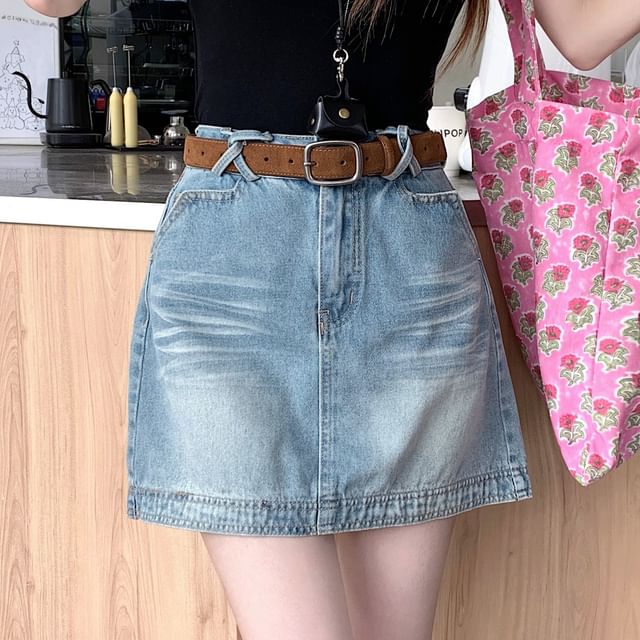 Washed High Waist Denim Skirt A-Line Mini