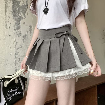 Lace Bow High Mini Pleated Skirt Waist Panel A-Line