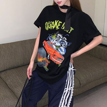 Round Bodycon / Spaghetti Short-Sleeve Strap Print Mini Tee Neck Graphic Dress