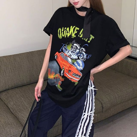 Round Bodycon / Spaghetti Short-Sleeve Strap Print Mini Tee Neck Graphic Dress