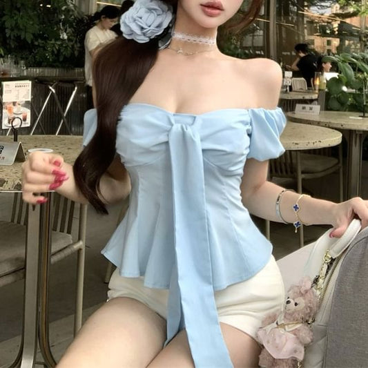 Plain Top Bow Slim Fit Puff-Sleeve Off-Shoulder