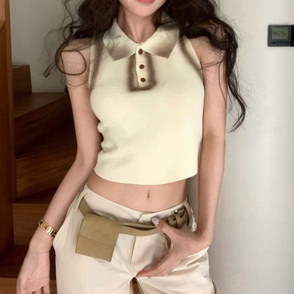 Collar Trim Crop Contrast Slim Top Tank Fit Henley