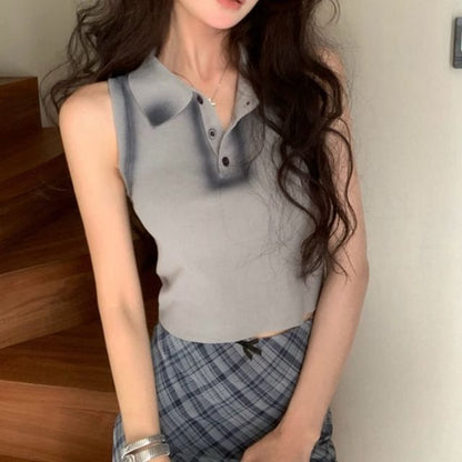 Collar Trim Crop Contrast Slim Top Tank Fit Henley