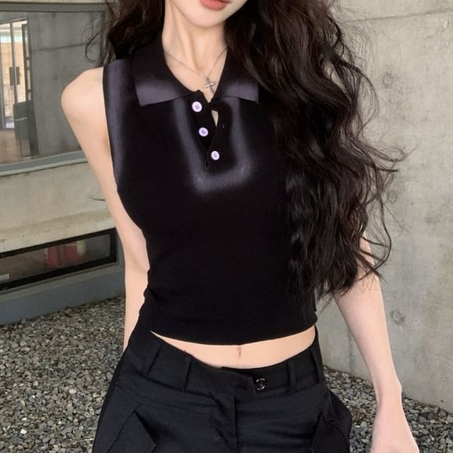 Collar Trim Crop Contrast Slim Top Tank Fit Henley