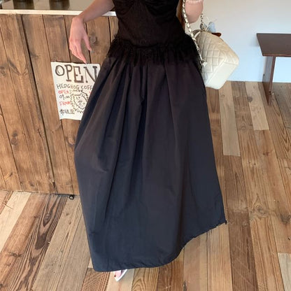 Maxi Tank Rise High / Fit Panel A-Line Slim Plain Skirt Lace Top