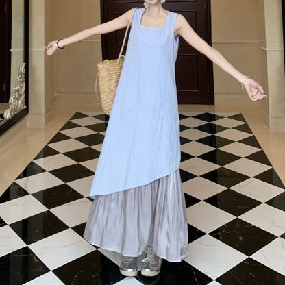 Neck Paneled Square A-Line Midi Dress Sleeveless Asymmetrical