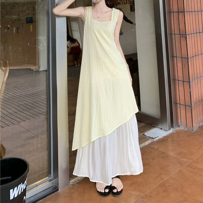 Neck Paneled Square A-Line Midi Dress Sleeveless Asymmetrical