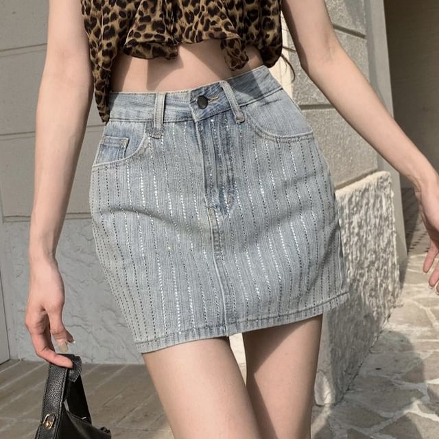 Striped Mini High Skirt Pencil Rhinestone Rise Denim
