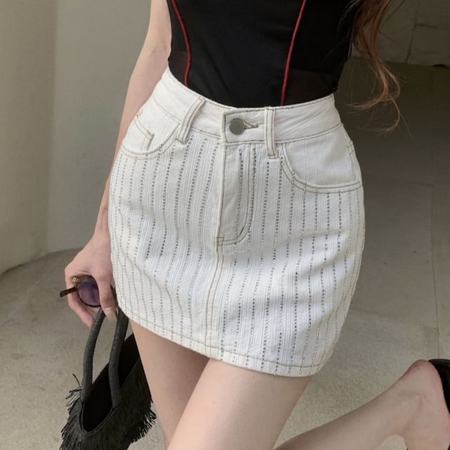 Striped Mini High Skirt Pencil Rhinestone Rise Denim
