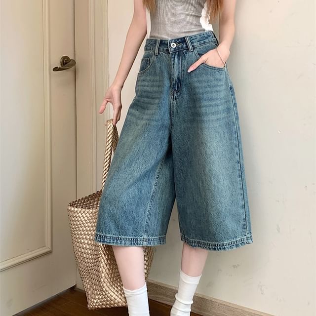 Jeans High Wide Rise Leg Washed Capri