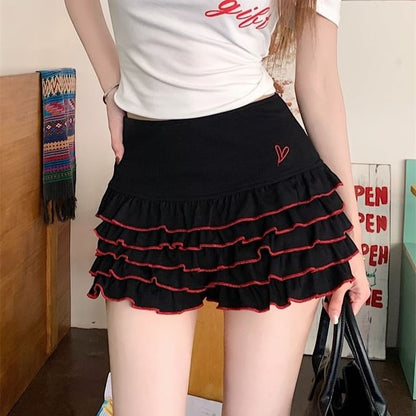 Tee Off-Shoulder Waist Dotted Slim Skort Fit Tiered High / Cap-Sleeve Lettering