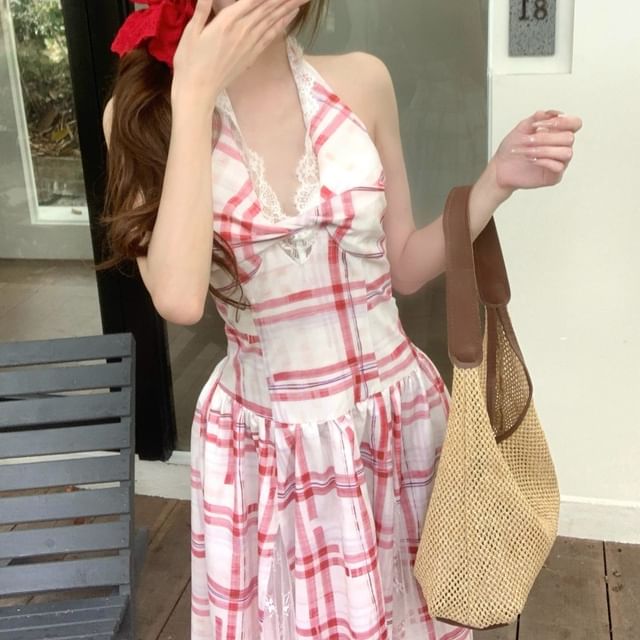 Halter Lace Panel Midi A-Line Dress Plaid Open Back