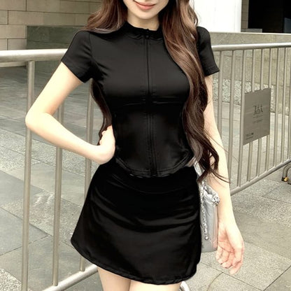 Waist + Skirt Plain A-Line Set: Neck Short-Sleeve Fit Slim Tee Zip Mini High Mock