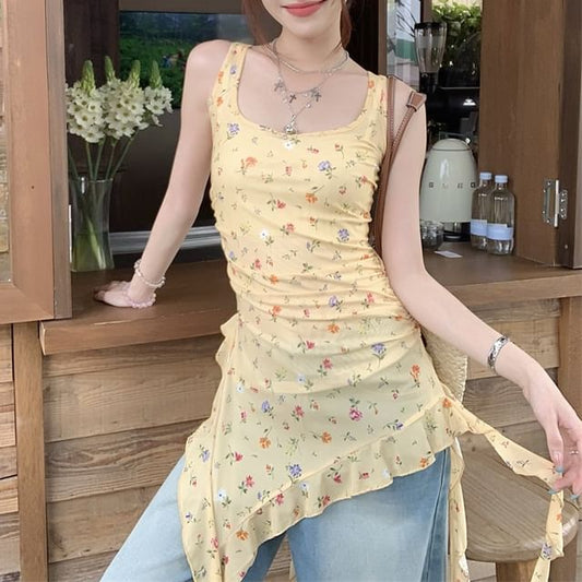 Floral Asymmetrical Neck Trim Tank Ruffle Fit Square Top Slim