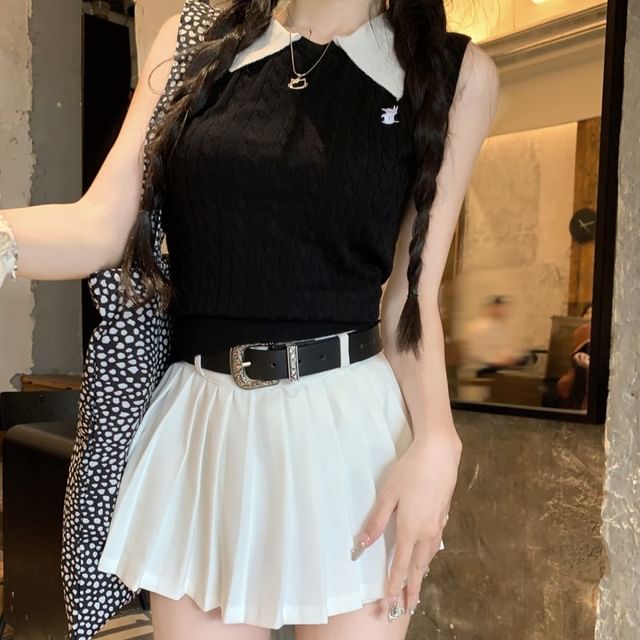High Waist Skirt / Top Pleated Knit Tank Plain Mini Collar Contrast A-Line