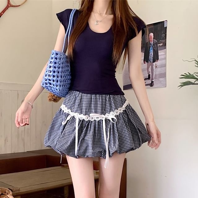 Slim Plaid Fit Trim / Lace Tee Waist Bubble Plain Elastic Bow Scoop Mini Hem Skirt Neck Short-Sleeve A-Line