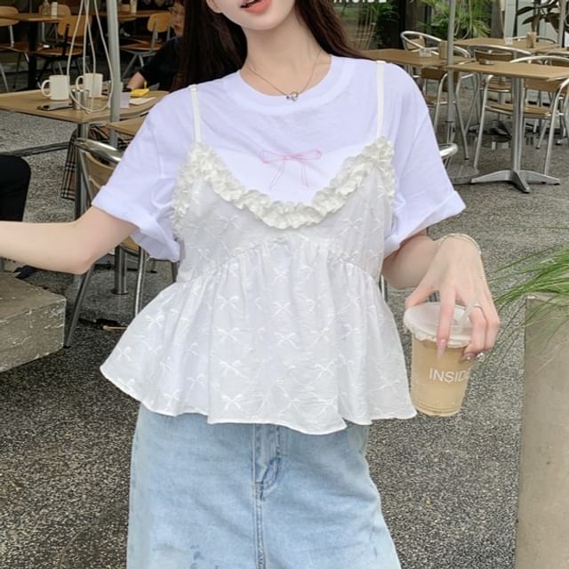 Ruffle Short-Sleeve Camisole Crew Flowy / Trim Top Bow Print Tee Neck
