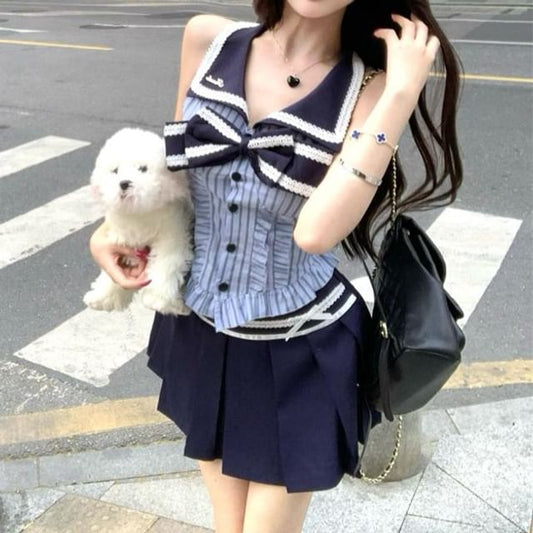 Sleeveless Blouse A-Line Pleated Bow Skirt Striped High Rise Mini Collar /