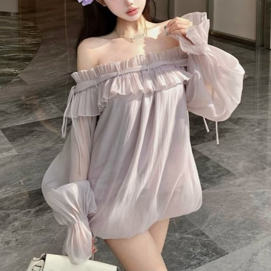 Tunic Long-Sleeve Ruffle Plain Off-Shoulder Blouse Trim