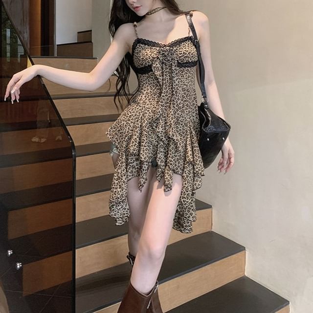 A-Line Mini Leopard Strap Asymmetrical Trim Print Lace Dress Spaghetti