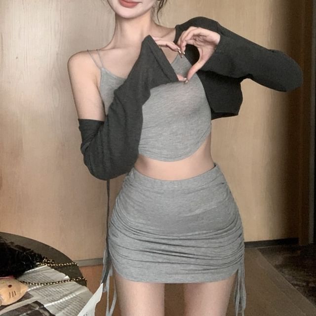 Crop Top Melange Set Slim Skirt Mini Elastic Cardigan Waist Drawstring / Fit Camisole Pencil