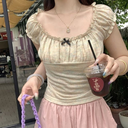 Trim Ruffle T-Shirt Fit Square Bow Short-Sleeve Neck Slim