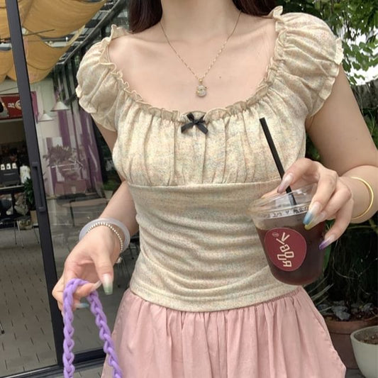 Trim Ruffle T-Shirt Fit Square Bow Short-Sleeve Neck Slim