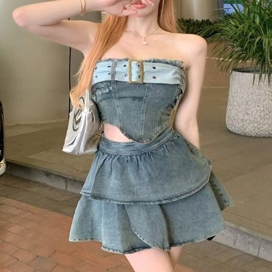 Crop Belted High Waist Mini Top Skirt Denim Tiered A-Line Tube Set: + Asymmetrical