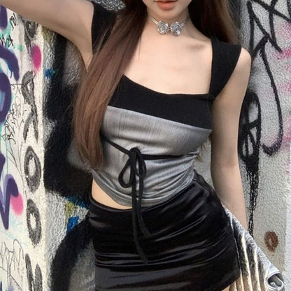 Tank Neck Fit Slim Top Square Bow Tone Crop Two