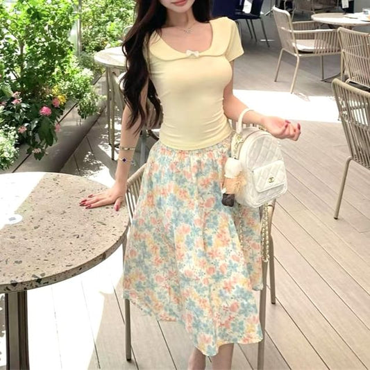 Neck / T-Shirt Scoop Floral Short-Sleeve Waist Bow Skirt Elastic Fit Slim Midi A-Line