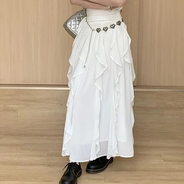 Plain Ruffle Fit A-Line Slim Asymmetrical Trim Waist Elastic Skirt Midi Tank / Top