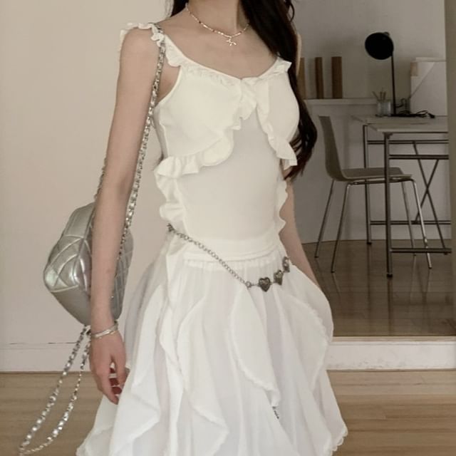 Plain Ruffle Fit A-Line Slim Asymmetrical Trim Waist Elastic Skirt Midi Tank / Top