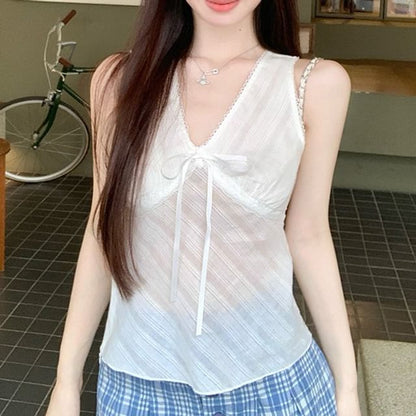 Lace Bow Fit V-Neck Slim Tank Top Trim