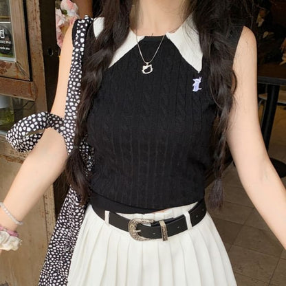 High Waist Skirt / Top Pleated Knit Tank Plain Mini Collar Contrast A-Line