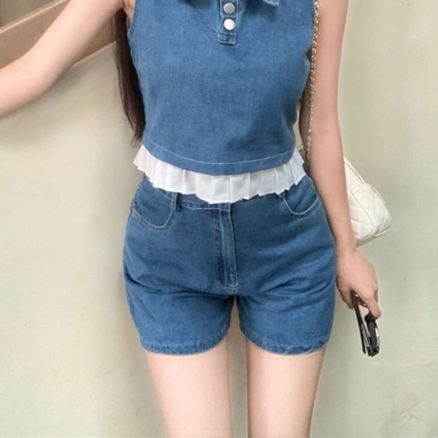 Top Denim Frill High Shorts Collar Crop Waist Trim Henley Tank /