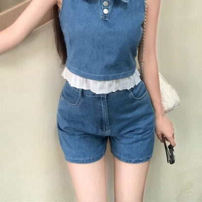 Top Denim Frill High Shorts Collar Crop Waist Trim Henley Tank /