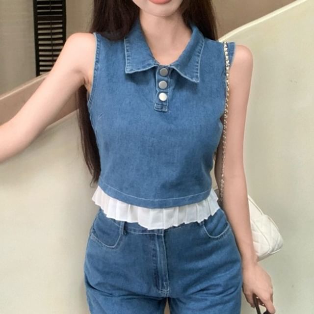 Top Denim Frill High Shorts Collar Crop Waist Trim Henley Tank /