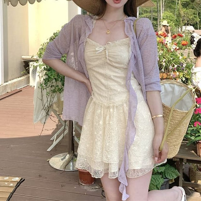 Ruffle Dress Trim / Lace Spaghetti Cardigan Strap A-Line Bow Panel Melange Mini Ruched