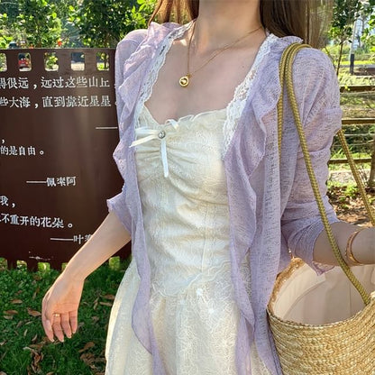 Ruffle Dress Trim / Lace Spaghetti Cardigan Strap A-Line Bow Panel Melange Mini Ruched