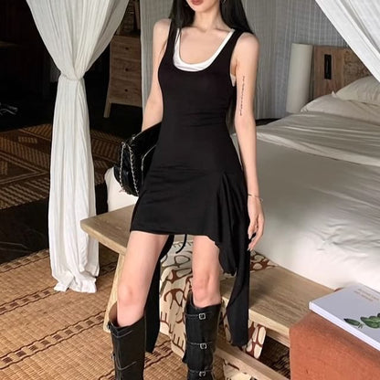 Plain Top Sleeveless Tank Mini Slim Neck Bodycon Scoop Asymmetrical Set: Fit + Dress