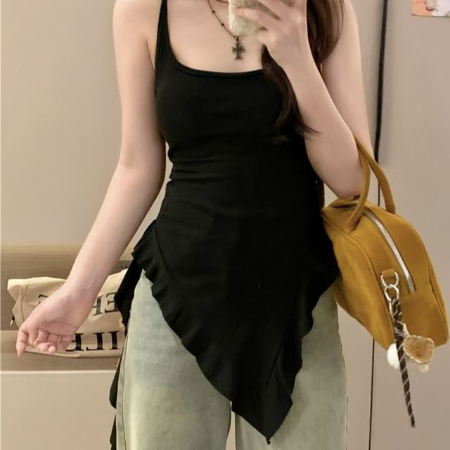Neck Long Ruffle Tank Top Square Trim Asymmetrical Slim Fit Plain