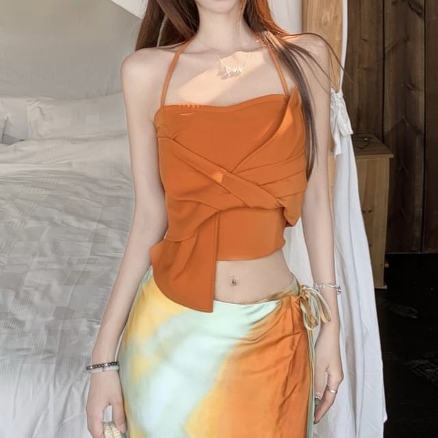 Crop Halter Slim / Fit Rise Tie A-Line Top Cami Wrap Plain Skirt Mid Knot Maxi Dye